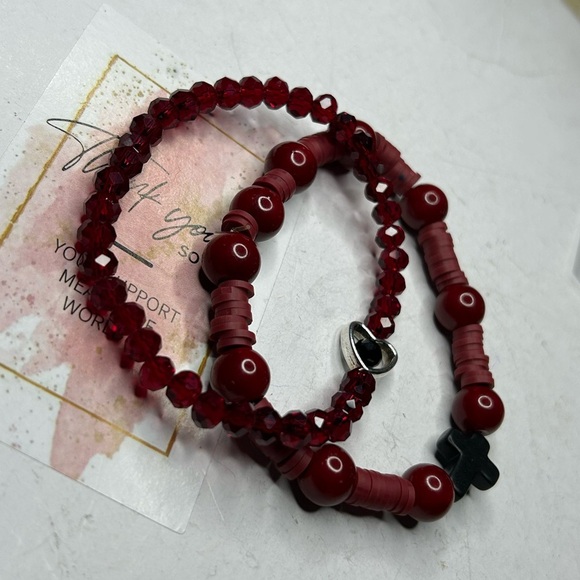 Red Beaded Bracelet Set with Heart Charm - Picture 2 of 3